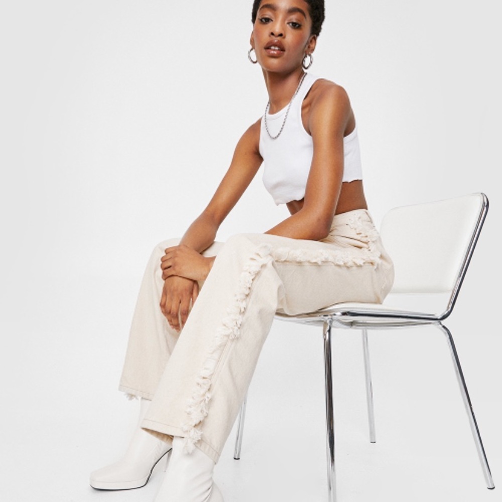 Frayed High Waisted Straight Leg Jeans